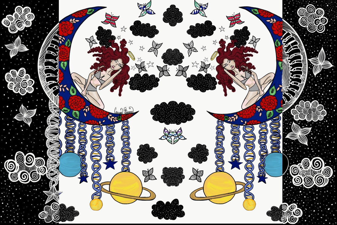 A digitally, hand-drawn,  mirror image of a woman sitting on cross-legged on a moon crescent. 