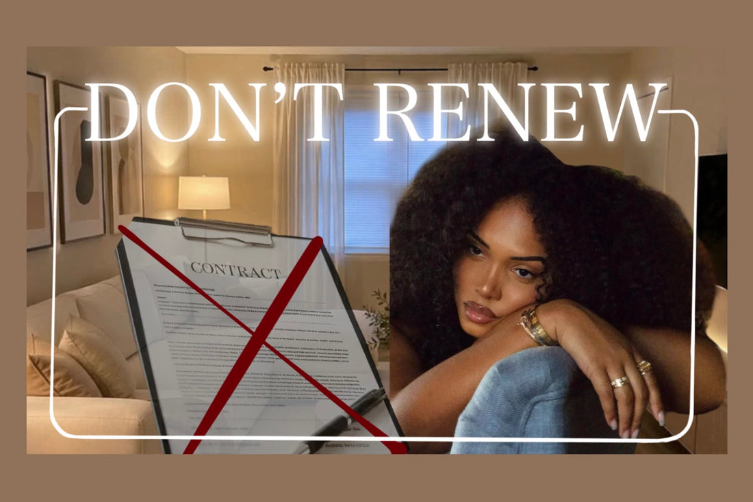 A collage of a woman staring off into space in an apartment living room. Next to her is an enlarged contract with a big red 'X' on it. Above her are large white letters that say 'Don't Renew' as if to say Don't Renew Her Lease. 