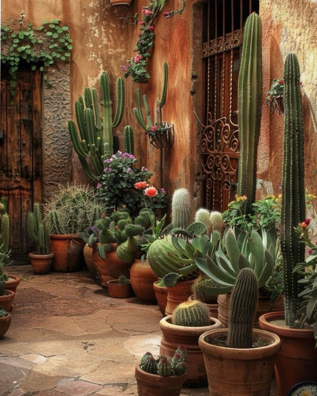 A picture of an array of cactus and desert plants in plant pots, alongside a Moroccan style stucco wall, in a desert setting. 